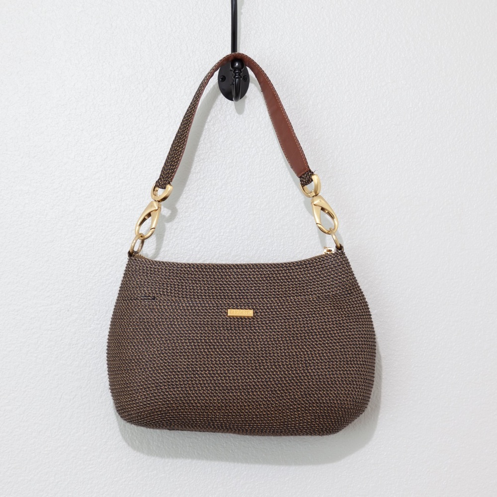 Eric Javits Brown Squishee Woven Threading Shoulder Bag with Gold Hardware